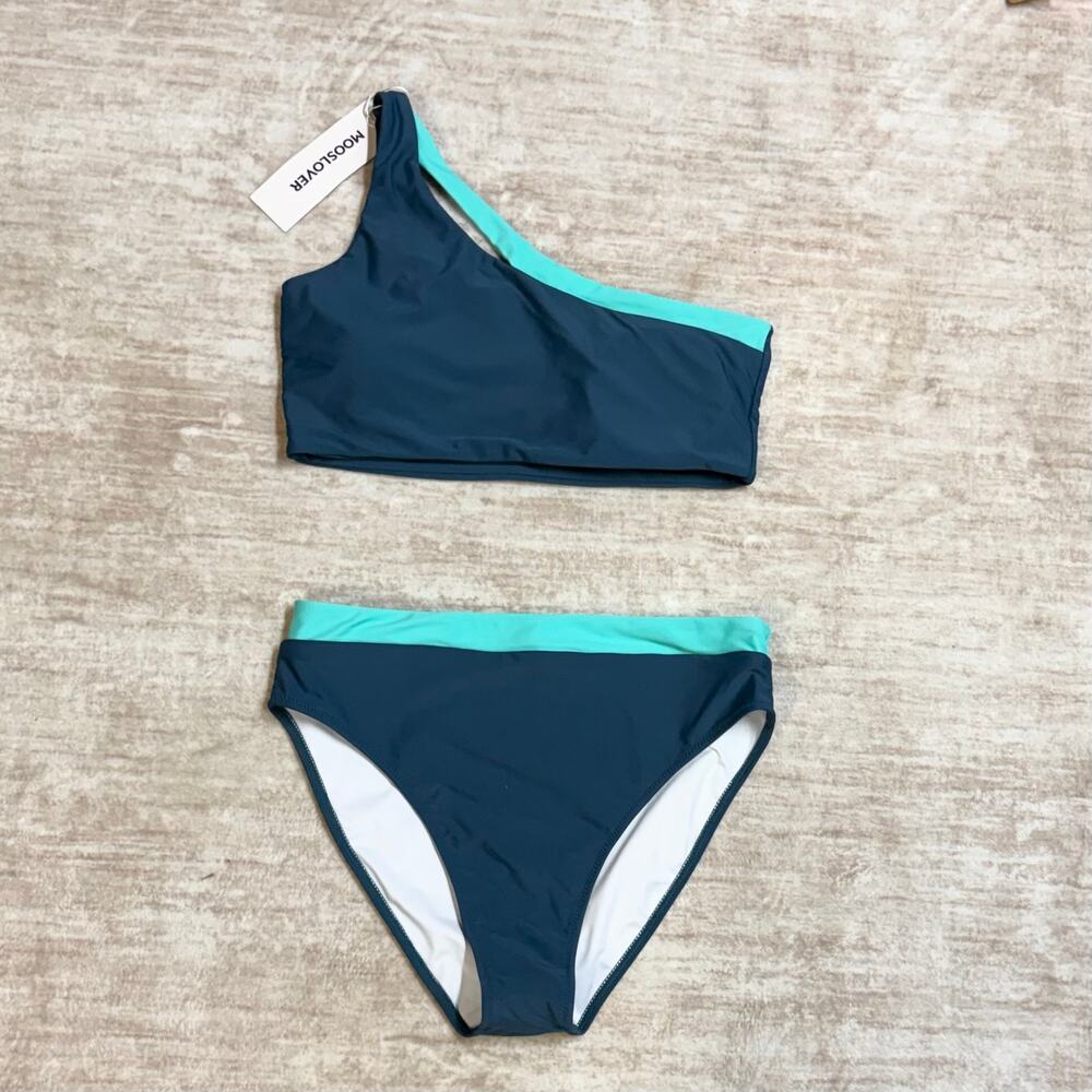 Mooslover Women’s Large Blue One Shoulder Bikini Swimsuit 2 Piece Cut out New